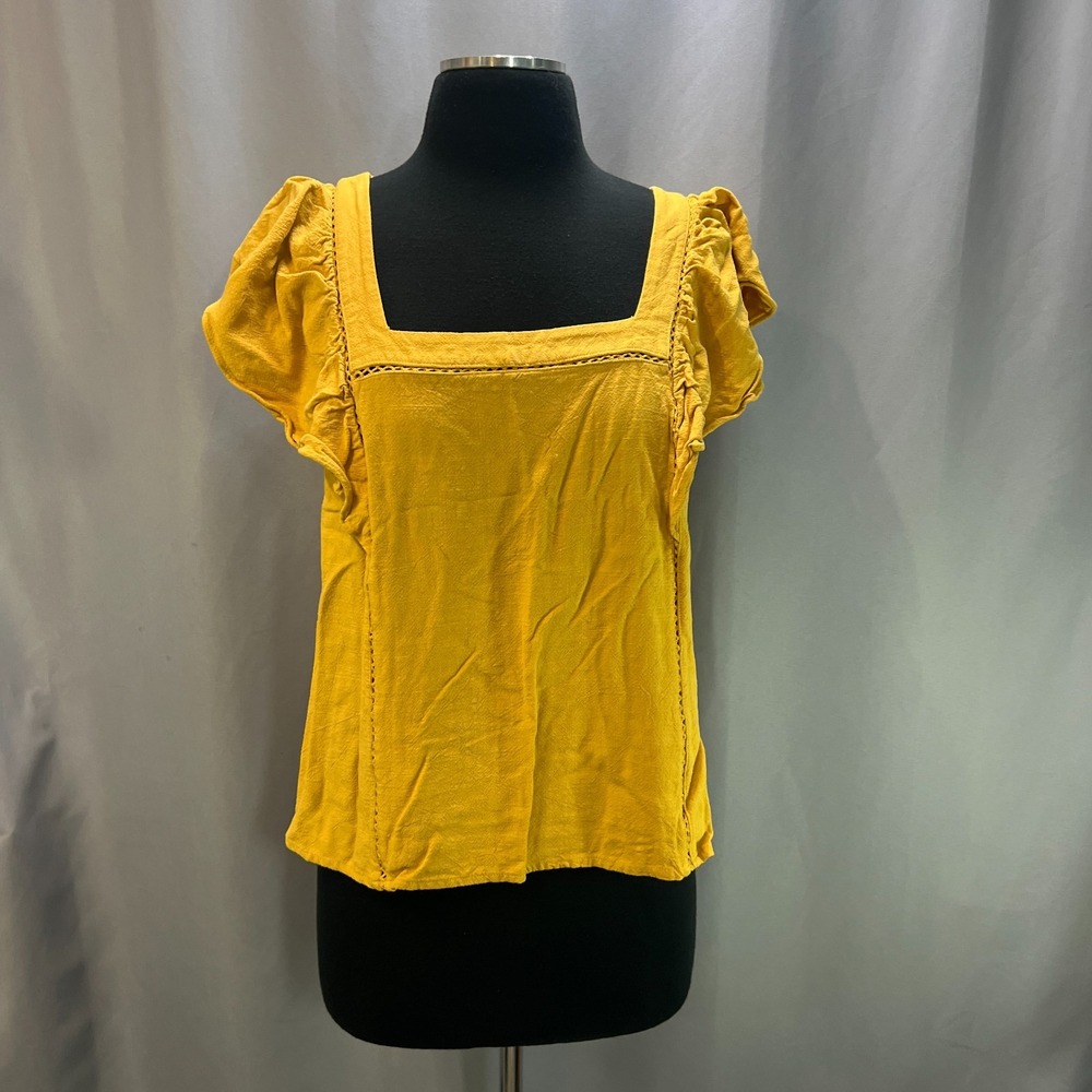 Skies Are Blue Peasant Blouse Top Womens Medium Yellow Linen Square Neck Summer